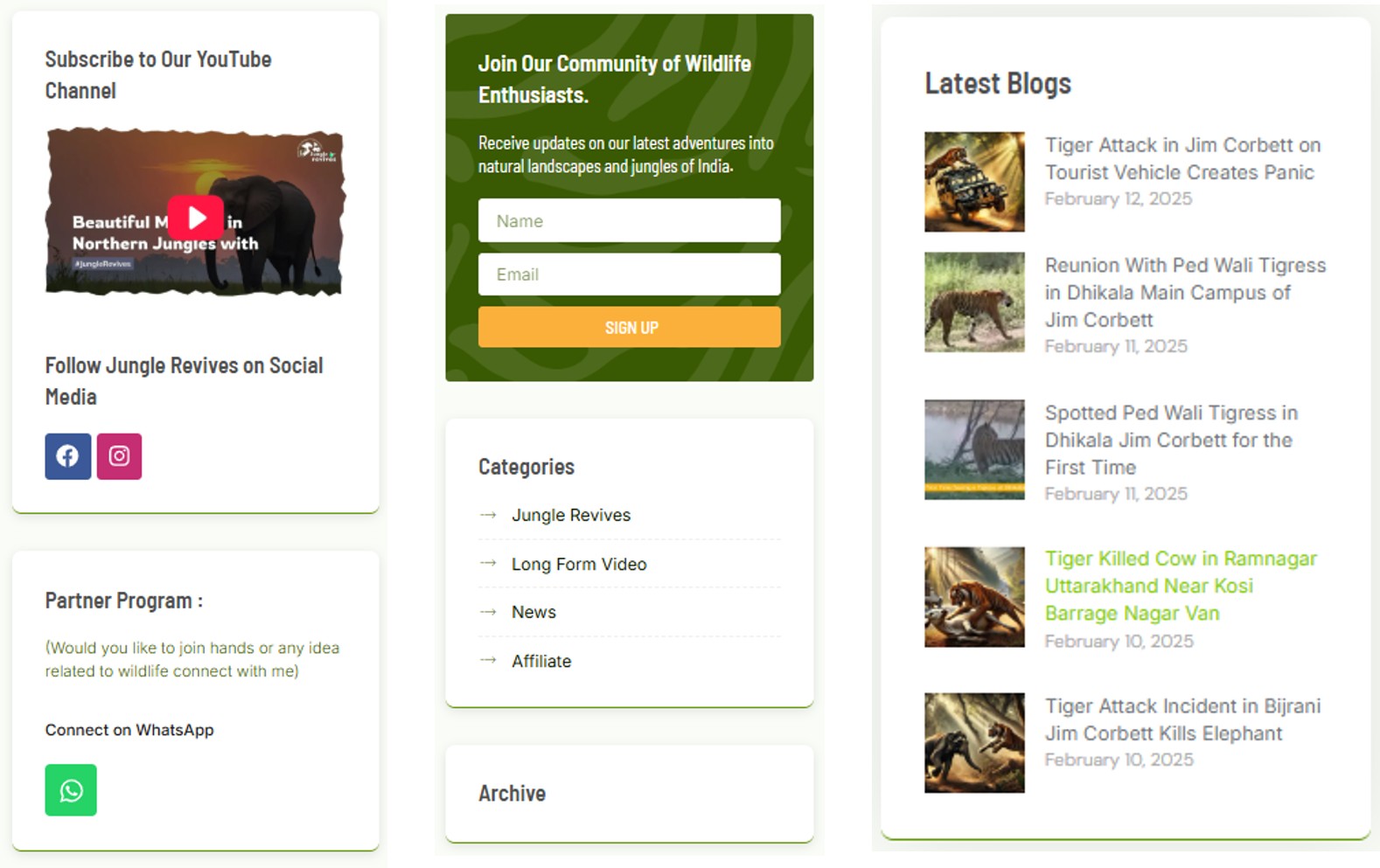 Options on the right side menu section over blog pages